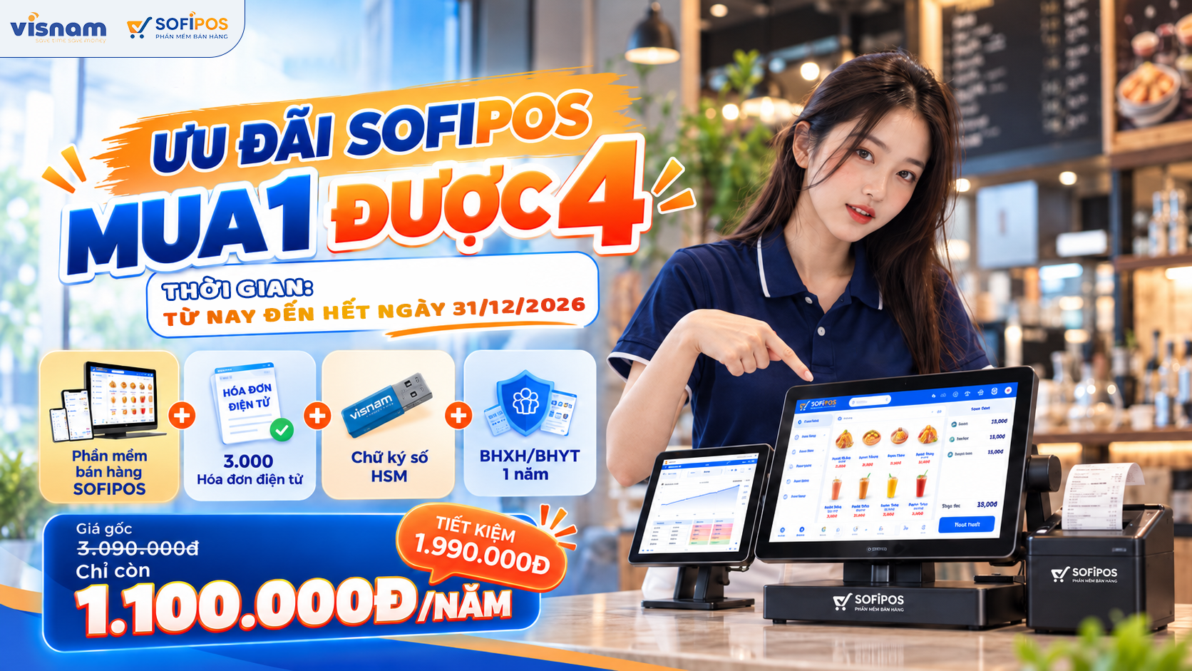 Banner ưu đãi SofiPOS Mua 1 Nhận 4 gồm hóa đơn điện tử, chữ ký số HSM và BHXH/BHYT