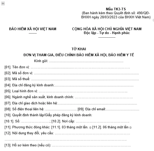 Mẫu TK3-TS Tờ khai đơn vị tham gia, điều chỉnh BHXH, BHYT theo Quyết định 505/QĐ-BHXH